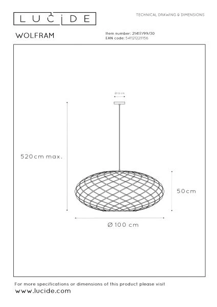 Lucide WOLFRAM - Pendelleuchten - Ø 100 cm - 3xE27 - Schwarz - technisch